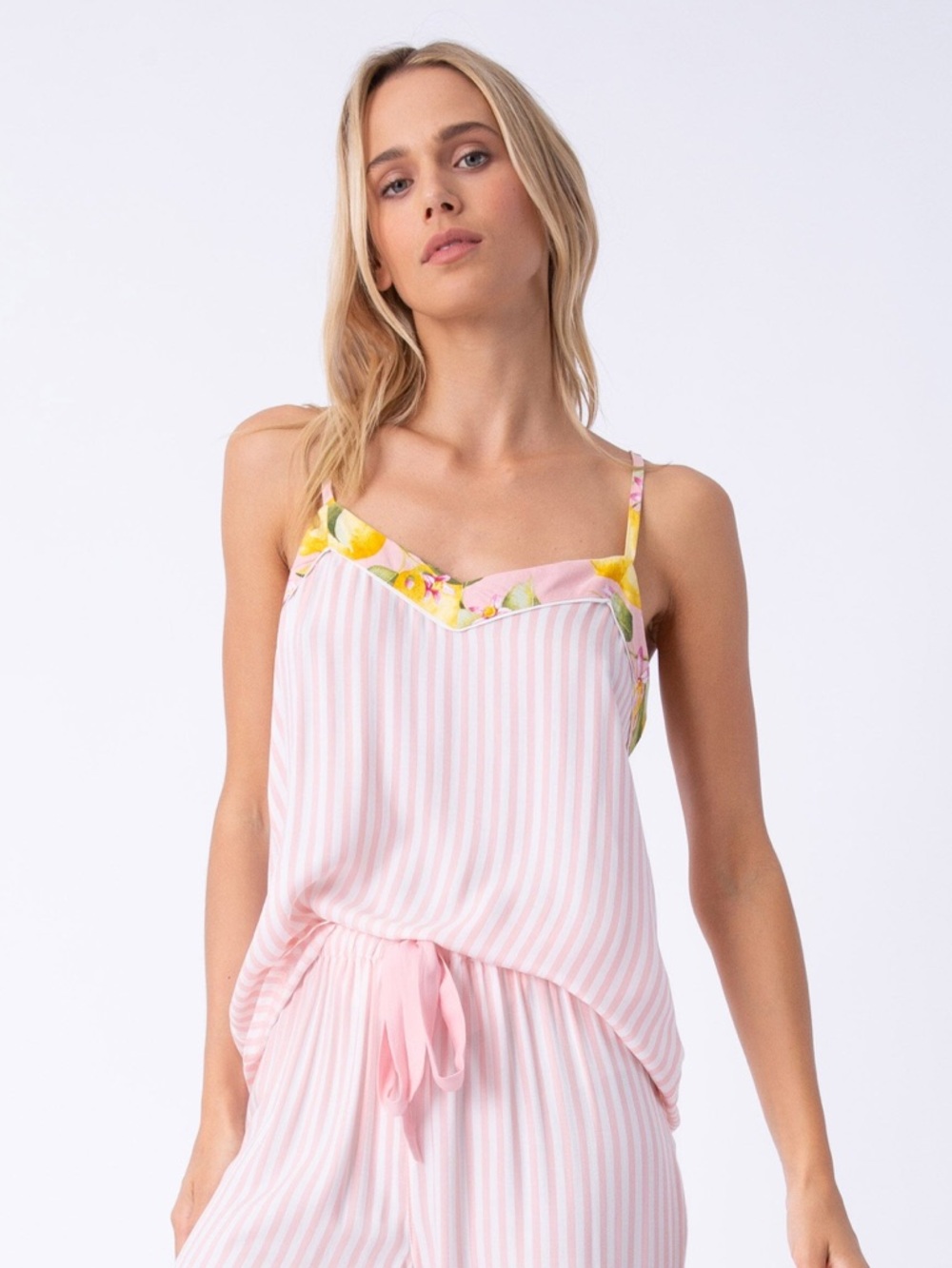 P.J. Salvage In Full Bloom Striped Lemon Pajama Cami Tank Top Size XS Pink Multi